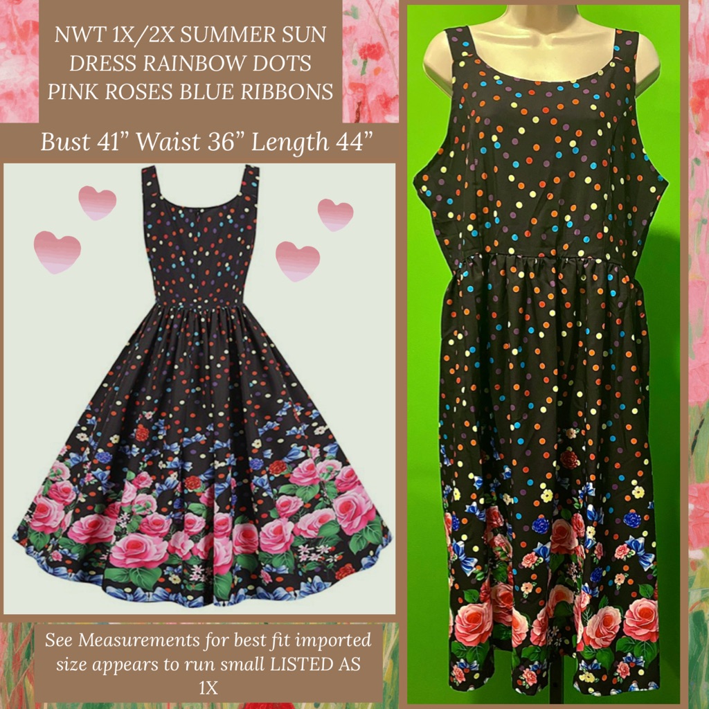 Nwt 1x/2x Summer Sun Dress Rainbow Dots Pink Roses Blue Ribbons Cottagecore Boho